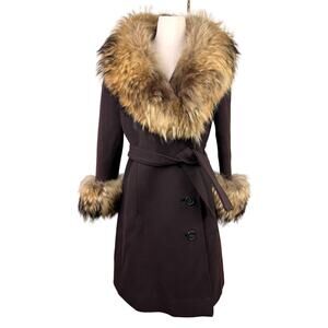 VINTAGE VTG Brown Purple Long Coat Fur Trim Belted Tie Waist Long Sleeve M?